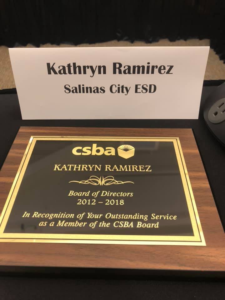 California School Boards Association recognition plaque honoring Kathryn Ramirez for service on its Board of Directors from 2012 to 2018